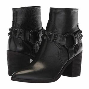 Frye Flynn Deco Stud Harness Short Black Leather Boots NEW